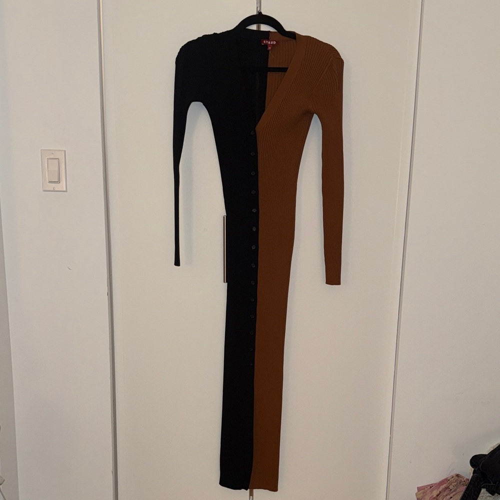 STAUD Black and Brown Long Sleeve Knit Dress